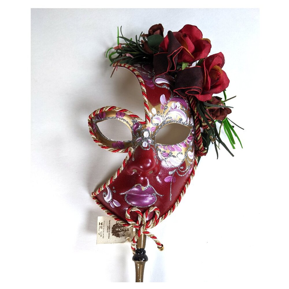 VTG Authentic Venetian Mask on Stick Face Mardi Gras Red & Gold Roses with Tag